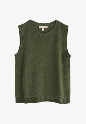 Pull sans manches en tricot vert avec un col rond, des bords côtelés et une texture douce, idéal pour superposer lors des temps frais.