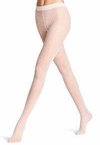Jambières transparentes de couleur rose clair avec un subtil motif floral blanc, dotées d'une ceinture douce et d'une texture lisse sur l'ensemble.