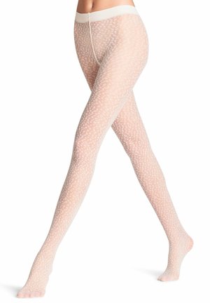 Calze trasparenti di un delicato rosa pallido con un sottile motivo floreale bianco, caratterizzate da una vita morbida e una trama liscia in tutto il tessuto.