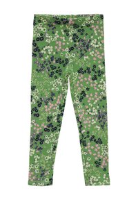 Legging in groene katoenen stof met een bloemenpatroon van roze, witte en paarse bloemen; elastische tailleband, aansluitend ontwerp.
