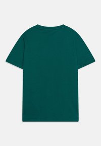 T-shirt in cotone turchese con maniche corte, scollo rotondo e design semplice. La parte posteriore presenta cuciture lisce e uniformi senza grafica.