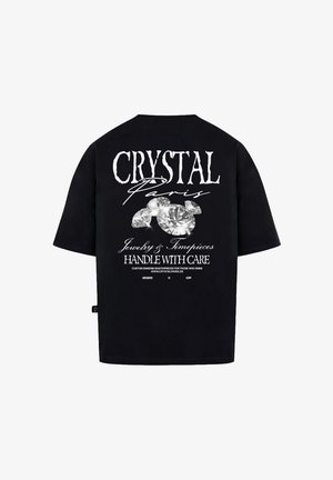 Zwarte katoenen t-shirt met gedurfde witte tekst en een diamantgrafiek op de achterkant. Korte mouwen, relaxte pasvorm en een label aan de zijkant.