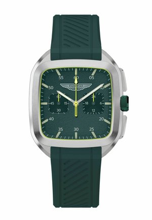 Orologio quadrato argento con quadrante verde scuro e cinturino, due quadranti secondari, lancetta dei secondi gialla e logo Aston Martin sotto le 12.