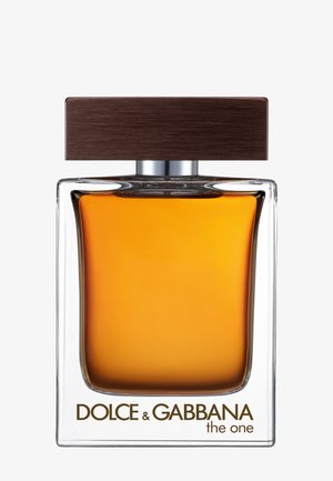 Flacon de parfum en verre transparent avec liquide ambré, bouchon rectangulaire marron foncé, et texte "Dolce & Gabbana the one" sur le devant.