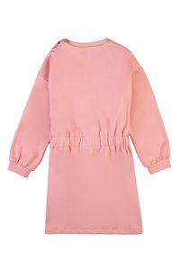 Abito rosa con maniche lunghe a sbuffo, vita arricciata e dettaglio dorato al colletto. Tessuto morbido con una silhouette semplice e classica.