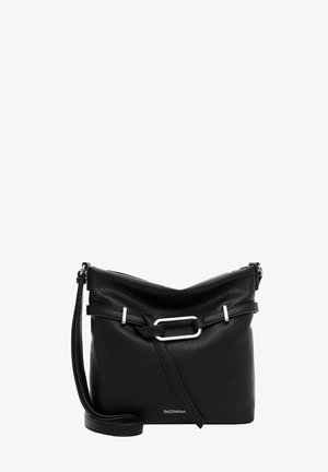 Sac à épaule en cuir noir texturé avec détail de boucle argentée et bandoulière réglable, étiqueté "EMILY & NOAH" au centre en bas.