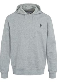 Szara bluza z kapturem wykonana z mieszanki bawełny. Posiada kieszeń kangurkę z przodu, kaptur ze sznurkiem oraz haftowane logo na piersi.