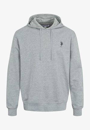 Szara bluza z kapturem wykonana z mieszanki bawełny. Posiada kieszeń kangurkę z przodu, kaptur ze sznurkiem oraz haftowane logo na piersi.