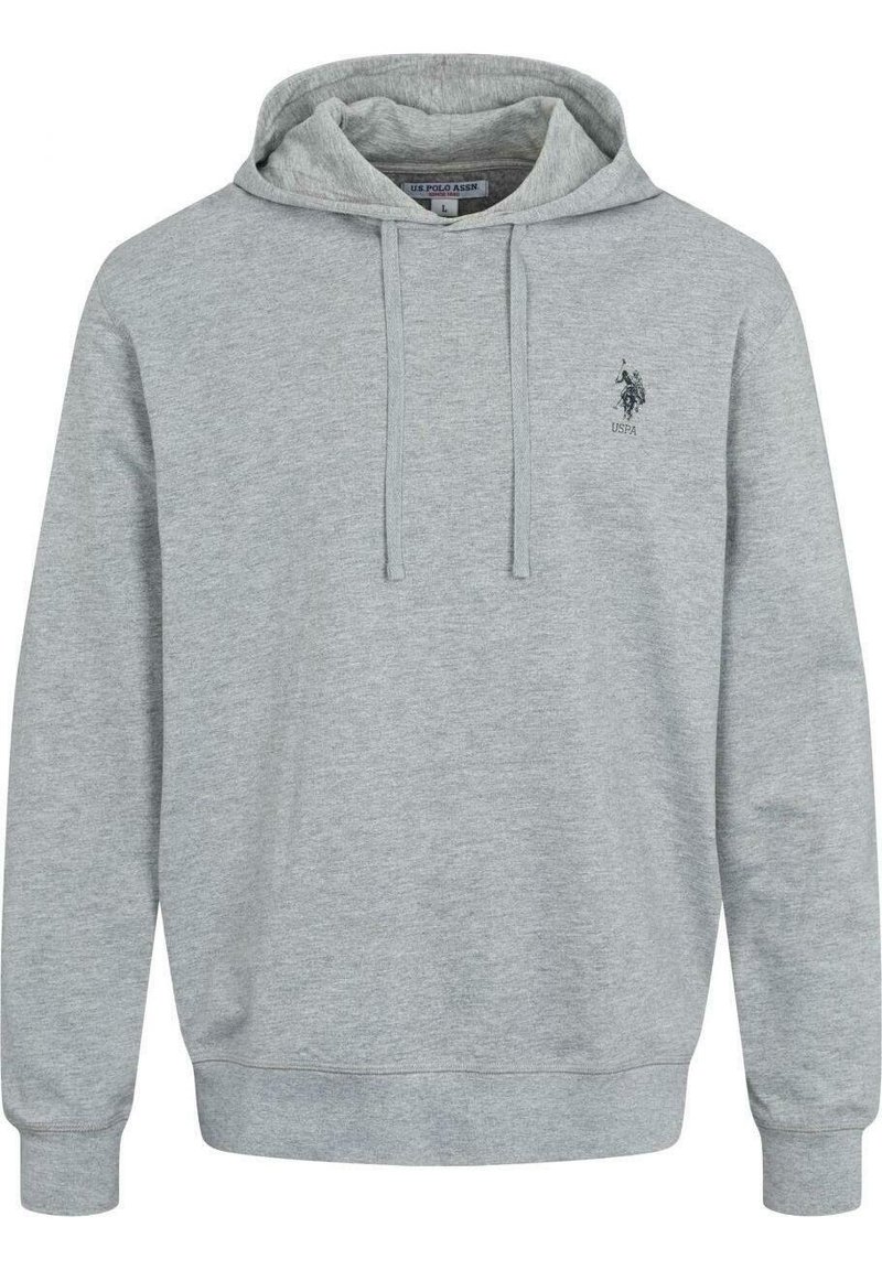 Szara bluza z kapturem wykonana z mieszanki bawełny. Posiada kieszeń kangurkę z przodu, kaptur ze sznurkiem oraz haftowane logo na piersi.