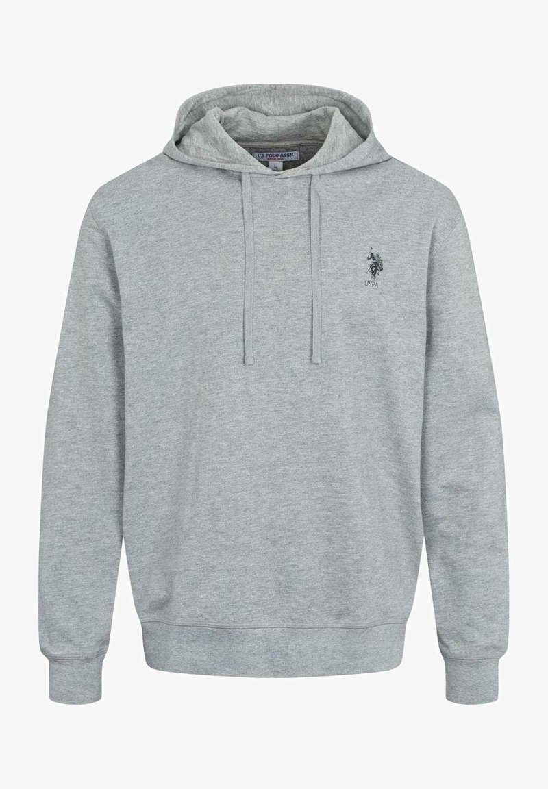 Szara bluza z kapturem wykonana z mieszanki bawełny. Posiada kieszeń kangurkę z przodu, kaptur ze sznurkiem oraz haftowane logo na piersi.