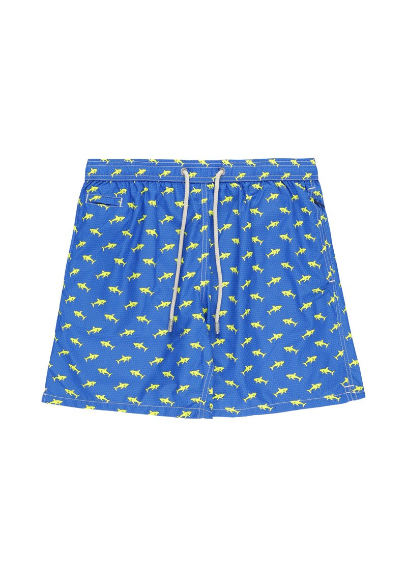 Boxer da bagno blu con motivo a ripetizione di squali gialli, vita elastica con cordino e lunghezza corta. Texture liscia.