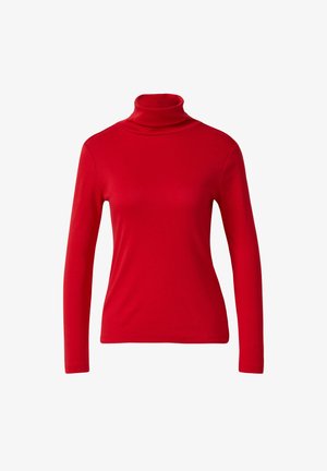 Czerwony dopasowany sweter z długim rękawem i golfem o gładkiej fakturze, prezentowany na białym tle.