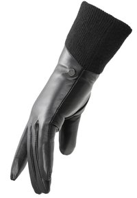 Juodas odinis pirštinės su juodu susiūtu spalvotu kraštu. Savybės: apvalios formos, su siuvimo detalėmis ir metaliniu akcentu mygtuku ant riešo.