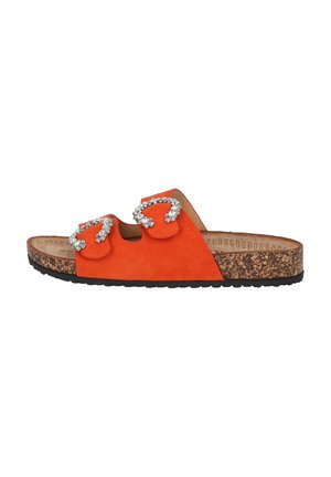 Orange suede slide sandal featuring two circular rhinestone accents, cork midsole, and a textured black rubber outsole.