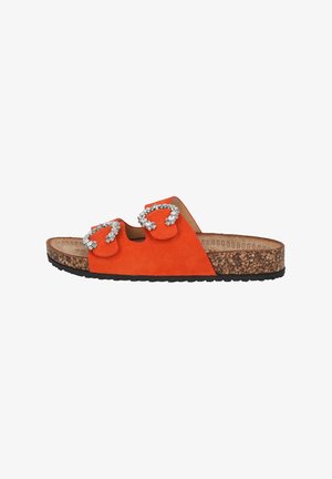 Orange suede slide sandal with two decorative accent straps featuring rhinestones, cork sole, and black rubber outsole.