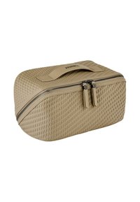 Beigen sävyinen, kudontatekstuuriin perustuva suorakaiteen muotoinen toilettilaukku, jossa on kaksoisvetoketju ja yläkahva, ja johon on kohopainettu Festina-brändin nimi.