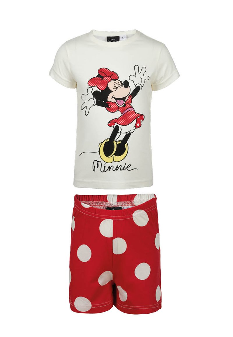 Children’s two-piece outfit with white short-sleeve top featuring Minnie Mouse in red polka-dot dress, and red shorts with white polka dots.
