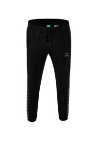 Schwarze Jogginghosen aus weichem Stoff mit einem elastischen Bund und Zugband, Seitentaschen und einem kontrastierenden Design entlang der Beine.