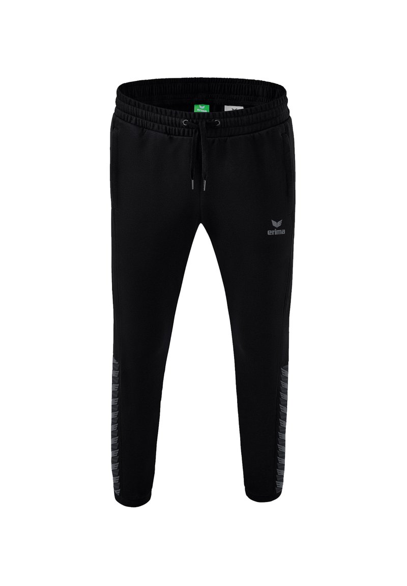Schwarze Jogginghosen aus weichem Stoff mit einem elastischen Bund und Zugband, Seitentaschen und einem kontrastierenden Design entlang der Beine.