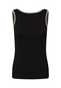 Haut sans manches en maille noire avec bordure blanche ondulée le long de l'encolure et des emmanchures, silhouette ajustée.