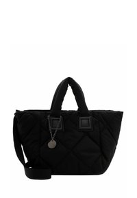 Black quilted tote bag with dual handles, a detachable shoulder strap, and textured accents. Features a chain with a round pendant detail.