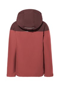Rote und braune wasserdichte Jacke mit Kapuze, mit einem Farbblockdesign und langen Ärmeln. Glatte Textur, funktionaler und dennoch minimalistischer Stil.