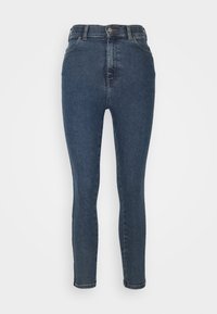 Jeans ajustados de tiro alto en azul oscuro, confeccionados en denim, que cuentan con un cierre frontal de botón, pasadores para cinturón y una textura suave.