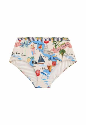 Bikinibroekje met hoge taille met kleurrijke Italiaanse bezienswaardigheden, eten, drinken, palmbomen en tekst inclusief "Ciao Ciao" en stadsnamen zoals Rome en Palermo.