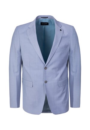 Jasnoniebieska męska marynarka z dwoma guzikami, klapą z wcięciem, kieszenią na wysokości piersi, dwoma przednimi kieszeniami z patkami oraz jasnoniebieską podszewką.