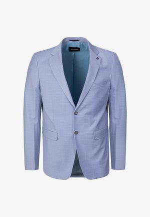 Light blue men's blazer with two buttons, notch lapel, chest pocket, two front flap pockets, and light blue inner lining.