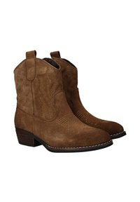 Bottines en daim marron avec un talon empilé, dotées de coutures décoratives et de languettes pour un enfilage facile. Texture lisse, design robuste.