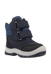 Botas de invierno para niños en color azul marino con puntas negras, dos correas de Velcro, soporte acolchado para el tobillo y suela blanca gruesa con relieve negro.