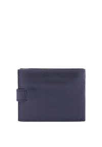 Portafoglio in pelle blu navy con una texture liscia, forma rettangolare e chiusura a scatto. Presenta una cucitura sottile lungo i bordi.