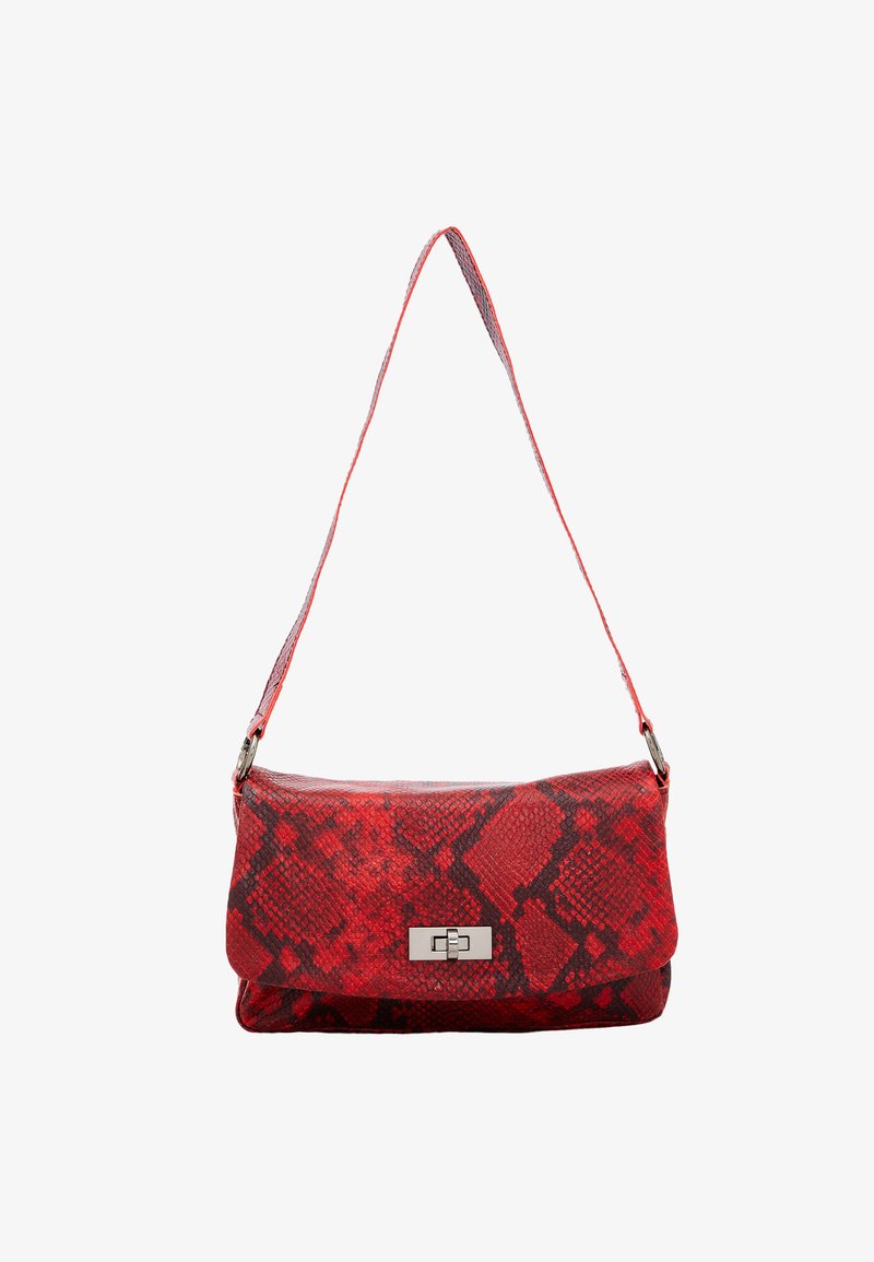 Red faux snake skin handbag with a flap closure, silver hardware, and a single adjustable strap. Textured surface with a geometric pattern.