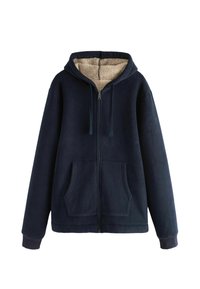 Marine fleece zip-up hættejakke med Sherpa-foret hætte, frontlommer og ribbede manchetter. Blød tekstur og afslappet pasform.