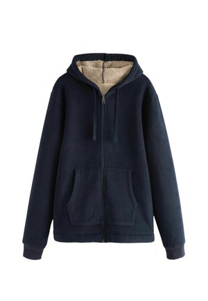 Marineblaue Fleece-Zip-Hoodie mit einem mit Sherpa gefütterten Kapuze, Fronttaschen und gerippten Bündchen. Weicher Stoff und lockere Passform.