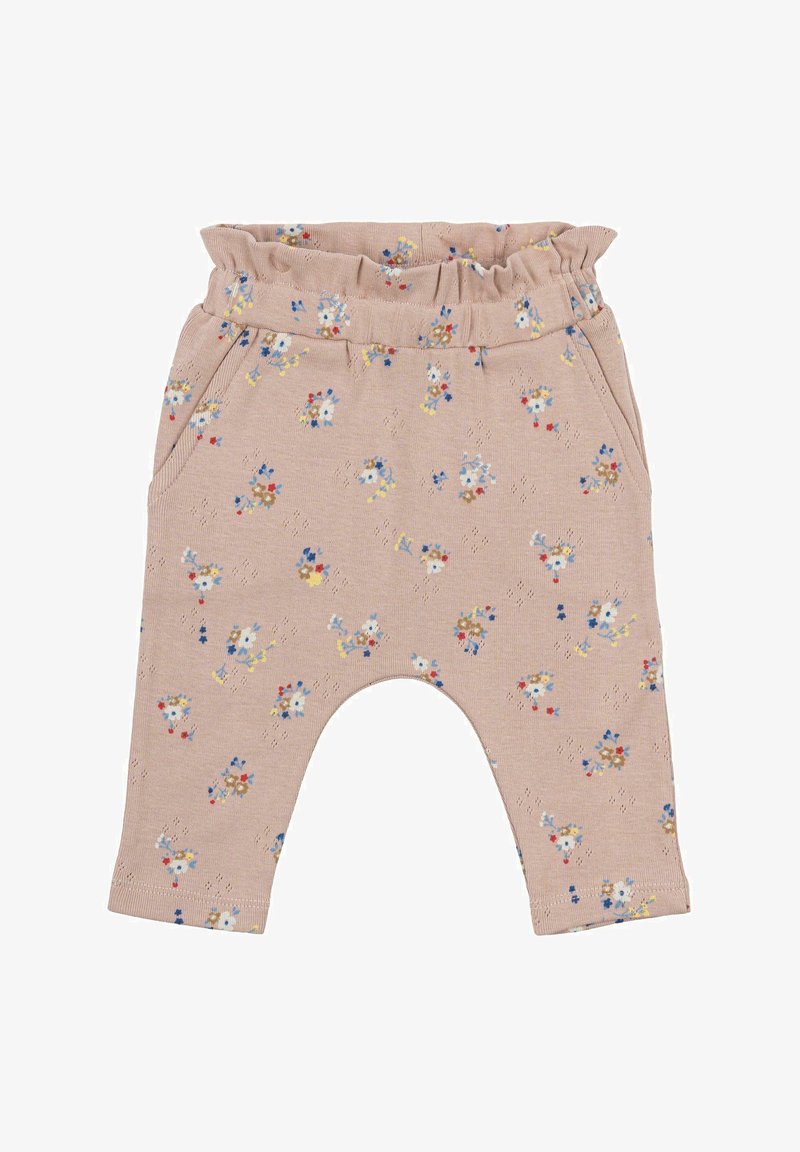 Roza bombažna hlače s nabranim pasom, cvetlični vzorci v modri, rumeni in rdeči barvi, z bočnimi žepi in udobnim krojem.