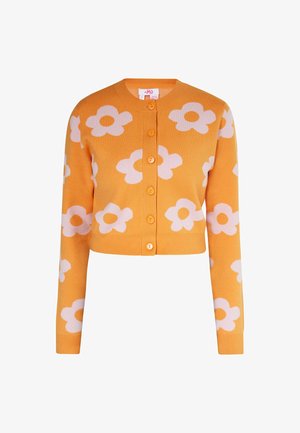 Helle gelbe Strickjacke mit weißem Blumenmuster, rundem Halsausschnitt und Knopfverschluss. Lange Ärmel, cropped Länge, weiche Stricktextur.