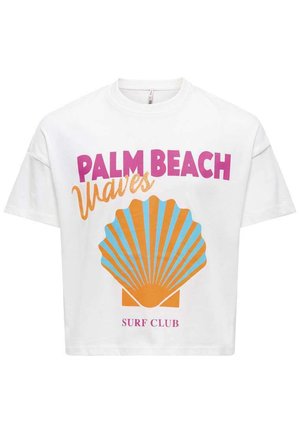 T-shirt court blanc avec texte rose « PALM BEACH », écriture orange « Waves », graphisme coquillage bleu et orange, et texte rose « SURF CLUB » en dessous.