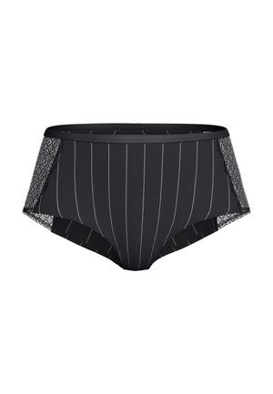 Sort kvindes trusse med hvide lodrette striber og blonder på siderne, med en glat linning.