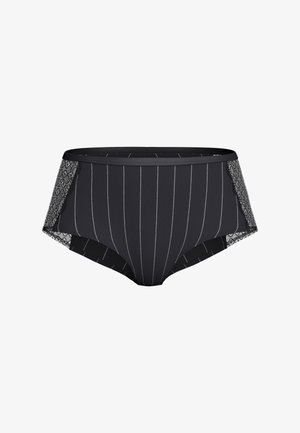 Sort kvindes trusse med hvide lodrette striber og blonder på siderne, med en glat linning.
