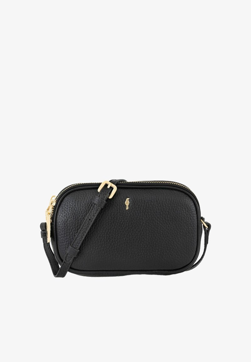 Czarna skórzana torba na ramię z teksturowaną powierzchnią, złotym zamkiem błyskawicznym i metalowymi elementami. Posiada regulowany pasek i subtelny detal z logo.