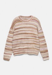 Pull en maille douce avec des rayures horizontales dans des tons beige, marron, rose et crème, avec un col rond et des manches longues.