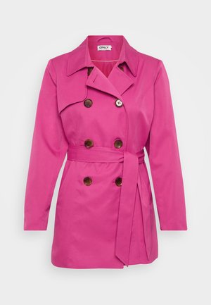 Pink trench coat with a double-breasted design, large brown buttons, a belt at the waist, and a notched collar. Smooth texture.