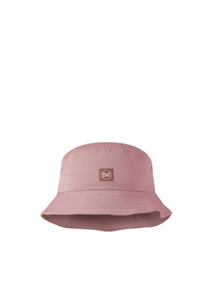 Pink fabric bucket hat with wide stitched brim and square logo patch reading "Buff" on front center.
