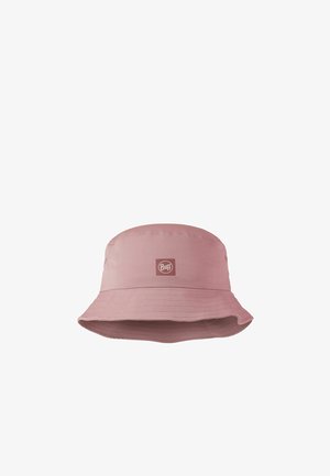 Pinkfarbener Stoff-Bucket-Hat mit breiter, gesteppter Krempe und quadratischem Logopatch mit der Aufschrift „Buff“ vorne in der Mitte.