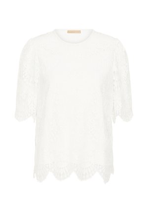 Bela čipkasta majica z okroglim izrezom in kratkimi rokavi. Ima valovit spodnji rob in zapletene cvetlične vzorce po celotni površini. Mehka tekstura.