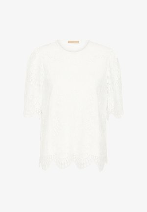Bílý krajkový top s kulatým výstřihem a krátkými rukávy. Má vroubkovaný lem a složité květinové vzory po celém povrchu. Jemná textura.