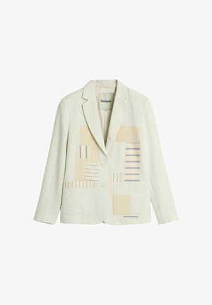 Kreemivärvi jakk kahe nööbiga, sälklapiga, ees plaastritaskutega ning beeži ja sinise triibulise patchwork-disainiga esipaneelidel.