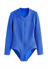 Langärmliger blauer Badeanzug mit strukturiertem Material, ausgestattet mit einem Frontreißverschluss und rundem Halsausschnitt; klassischer Schnitt mit hohen Beinausschnitten.